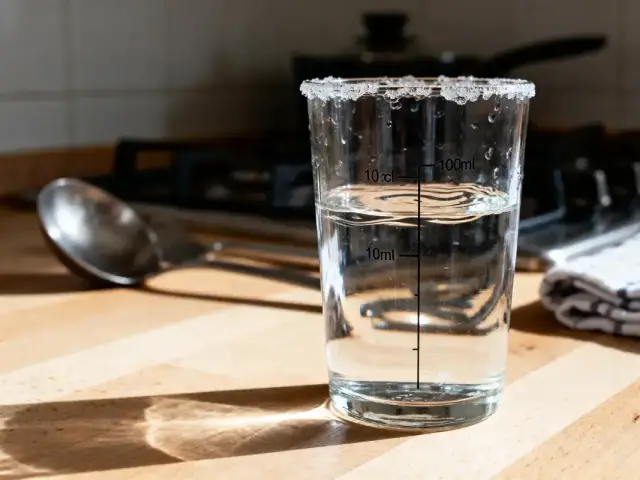 Verre doseur avec eau, bord salé, posé sur un plan de travail en bois, cuillère en arrière-plan.