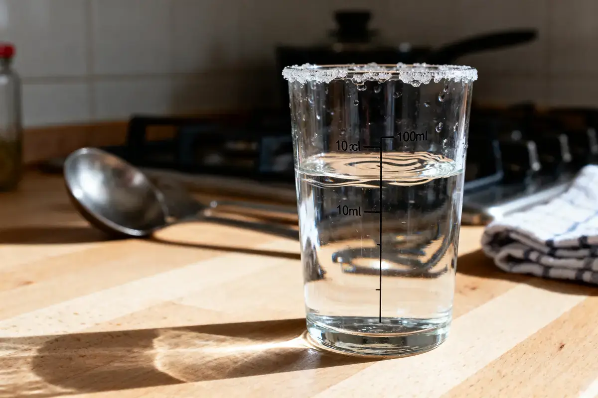 Verre doseur avec eau, bord salé, posé sur un plan de travail en bois, cuillÚre en arriÚre-plan.