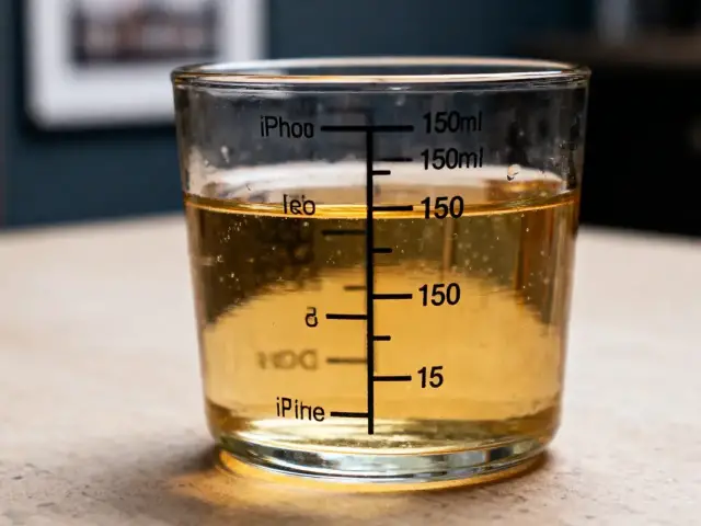 Un verre gradué contient un liquide ambré pétillant, posé sur une table.