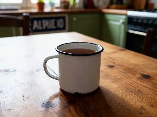 Tasse en métal émaillé sur table en bois dans une cuisine rustique, lumière naturelle.