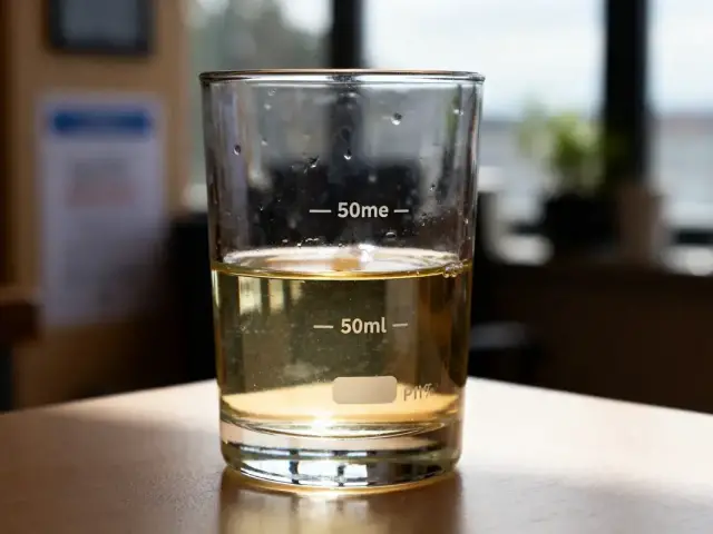 Verre gradué avec liquide, niveau indiqué à 50 ml en cl, posé sur une table