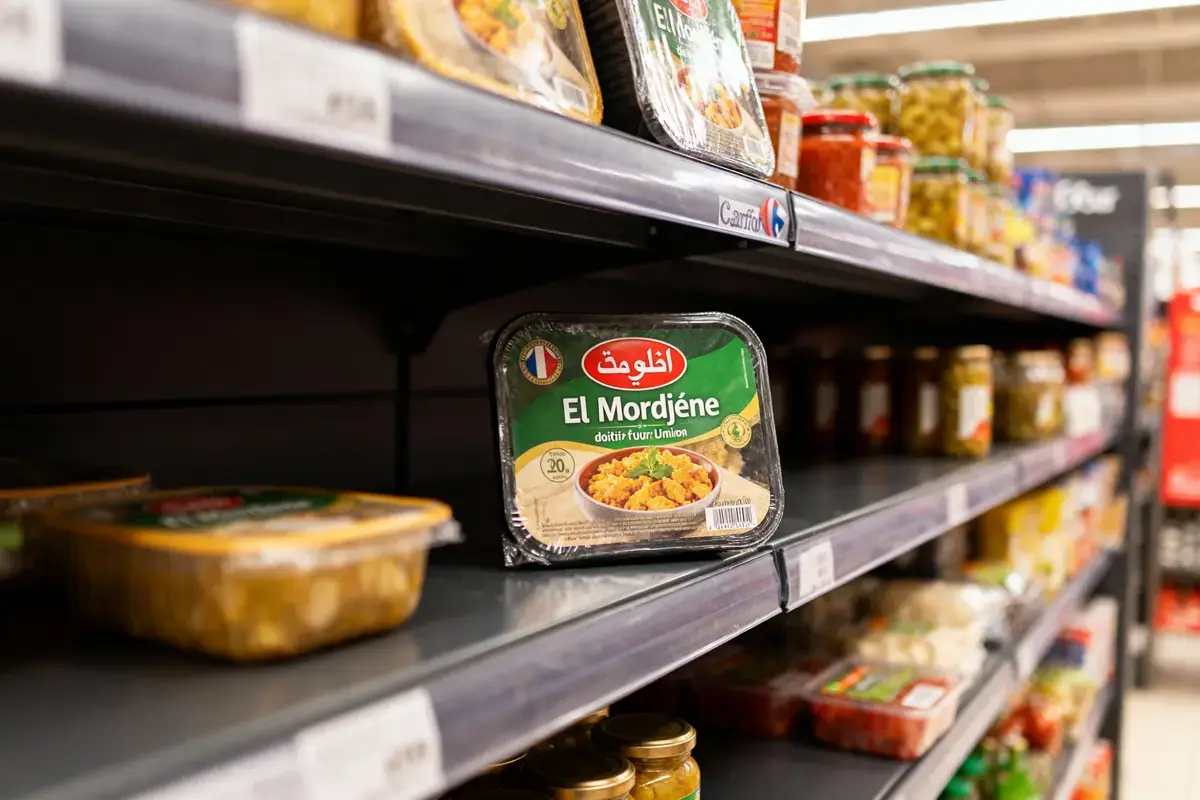 Produits alimentaires en rayon de supermarché, focus sur un plat préparé "El Mordjène" aux légumes.