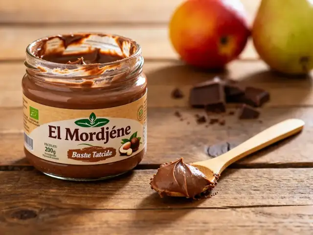 Pot ouvert de El Mordjene pâte à tartiner avec quartiers de chocolat et fruits en arrière-plan