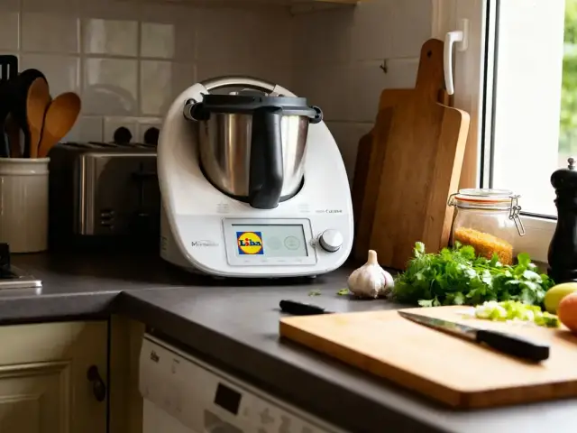 Robot de cuisine Monsieur Cuisine Lidl sur un comptoir avec légumes et épices préparés