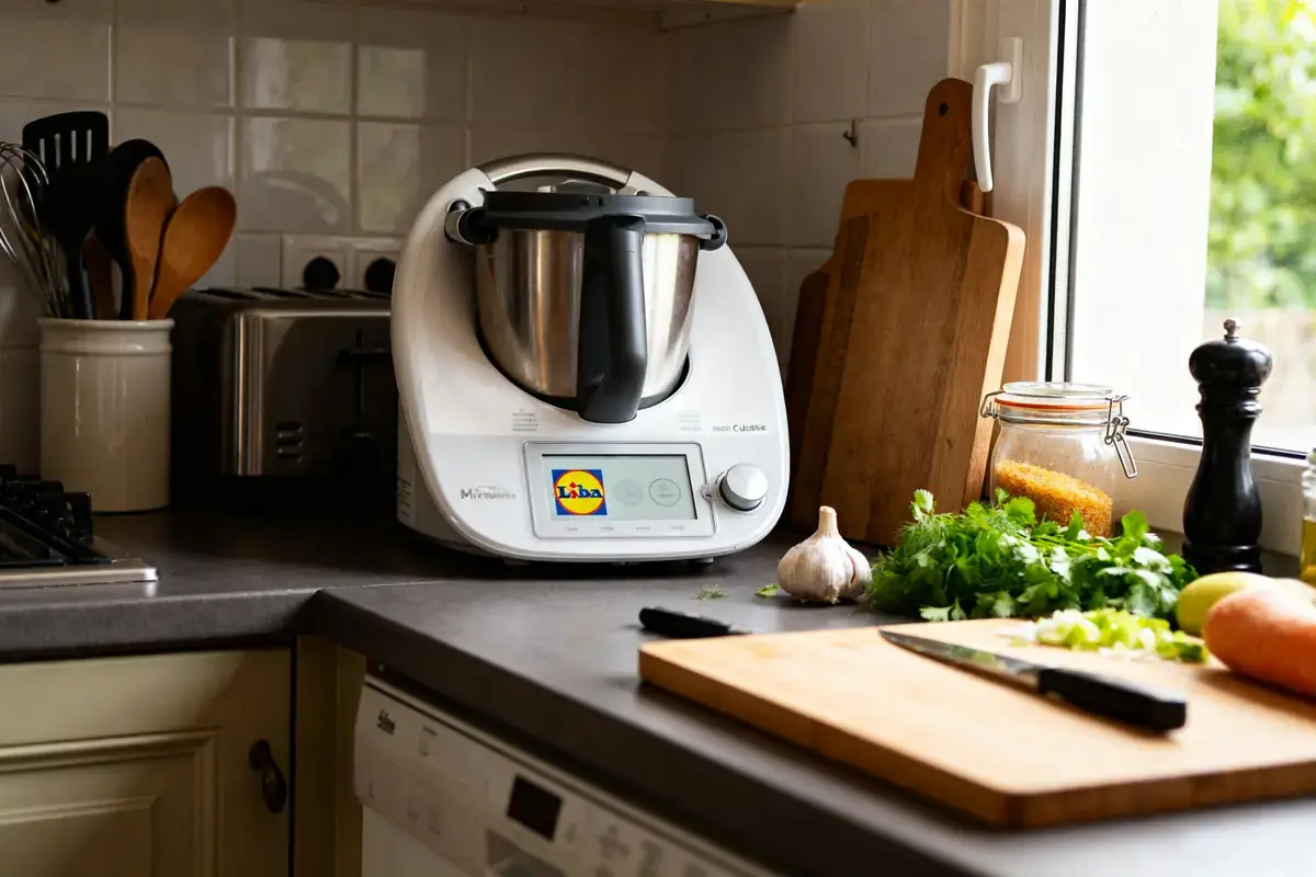 Robot de cuisine Monsieur Cuisine Lidl sur un comptoir avec légumes et épices préparés