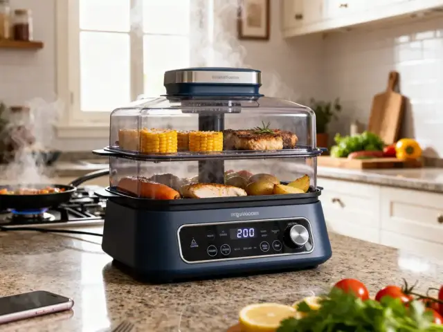 Cuiseur vapeur Varoma sur plan de travail avec légumes et viande cuisinés à la vapeur