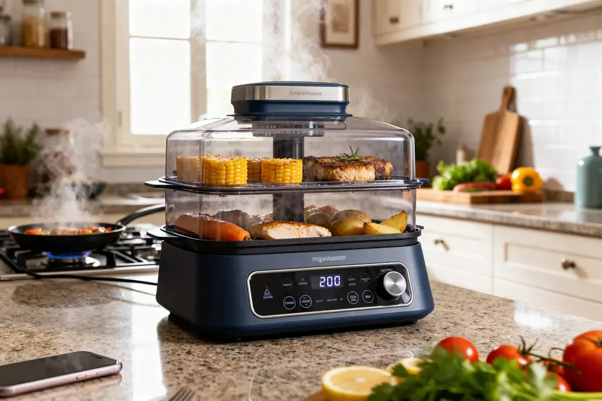 Cuiseur vapeur Varoma sur plan de travail avec légumes et viande cuisinés à la vapeur