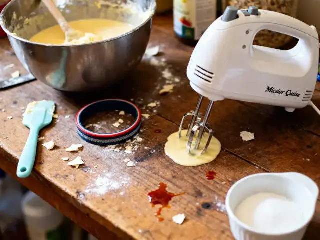 Table de cuisine en désordre avec mixeur et accessoires Monsieur Cuisine pour pâtisserie