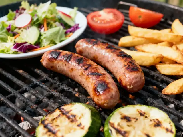 Saucisses grillées, légumes, frites et salade sur barbecue, avec rondelles de courgettes et tranches de tomate.