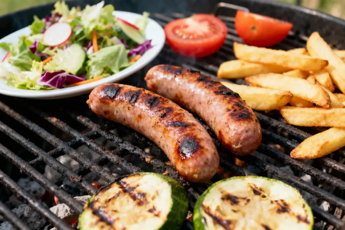 Saucisses grillées, légumes, frites et salade sur barbecue, avec rondelles de courgettes et tranches de tomate.