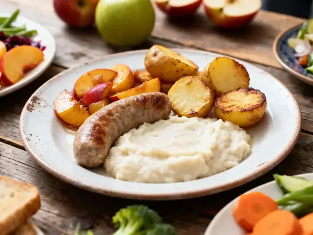 Assiette de saucisse, purée, pommes de terre rôties, avec salade et fruits en arrière-plan sur table en bois.