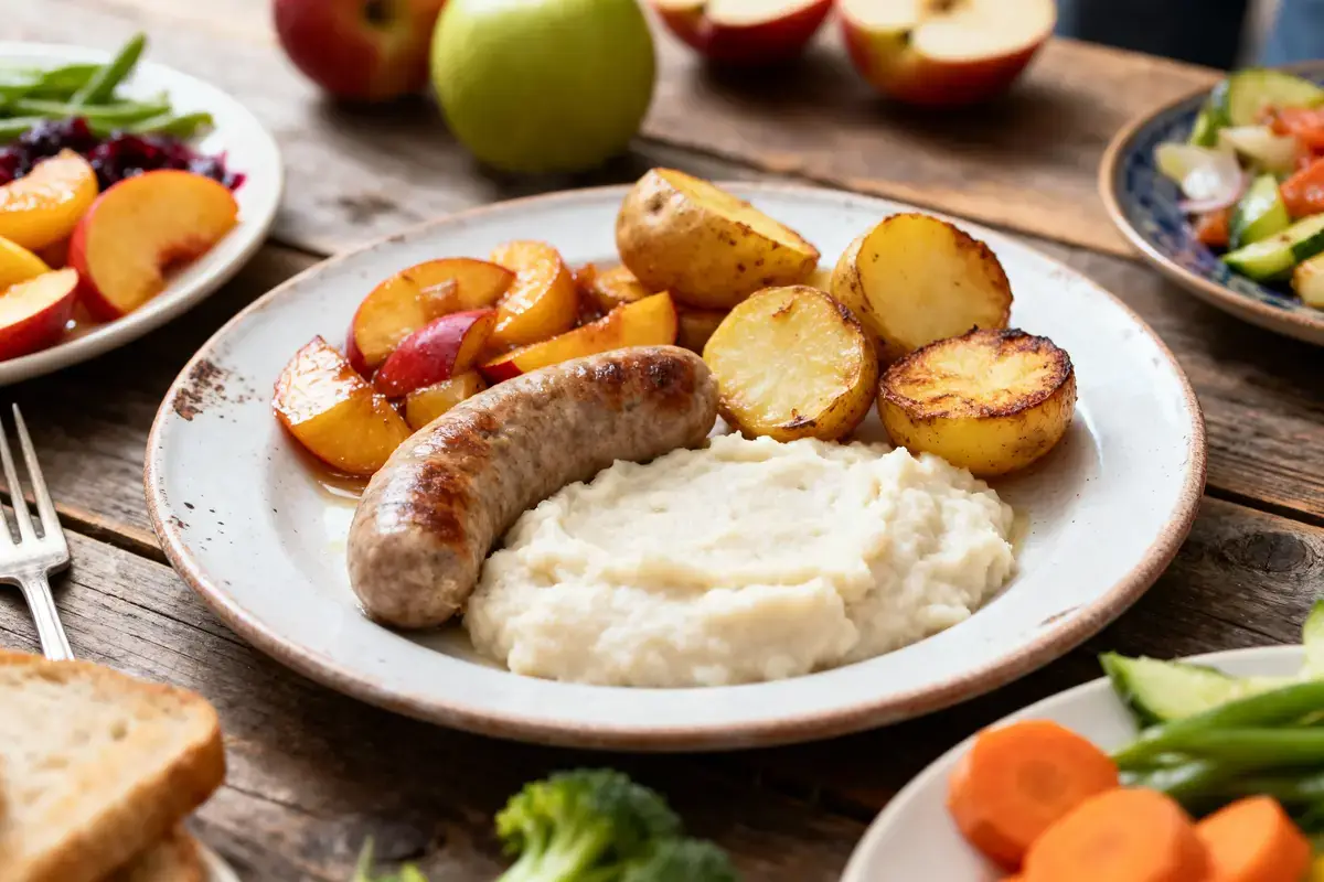 Assiette de saucisse, purée, pommes de terre rÎties, avec salade et fruits en arriÚre-plan sur table en bois.