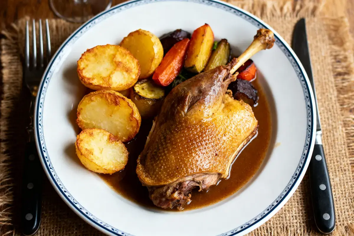 Plat de cuisse de canard avec sauce, pommes de terre rôties et légumes sur assiette blanche décorée.
