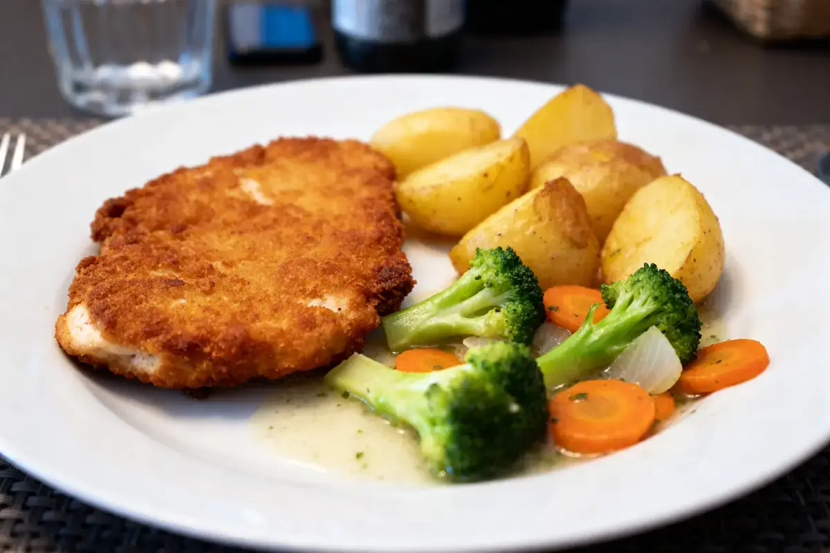 Escalope panée avec pommes de terre et légumes, accompagnement pour cordon bleu idéal