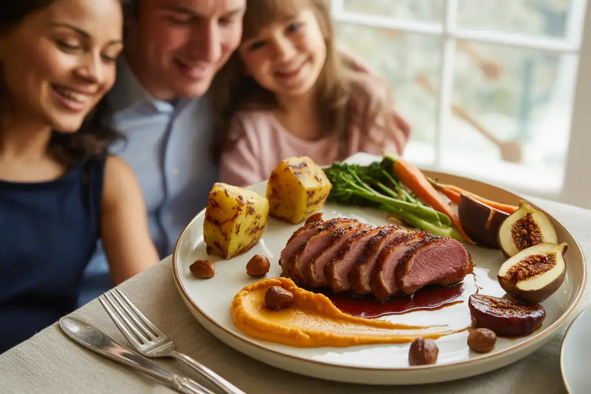 Une famille souriante se prépare à déguster un plat raffiné, comprenant de la viande tranchée, des légumes et des fruits.