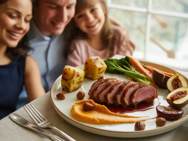 Une famille souriante se prépare à déguster un plat raffiné, comprenant de la viande tranchée, des légumes et des fruits.