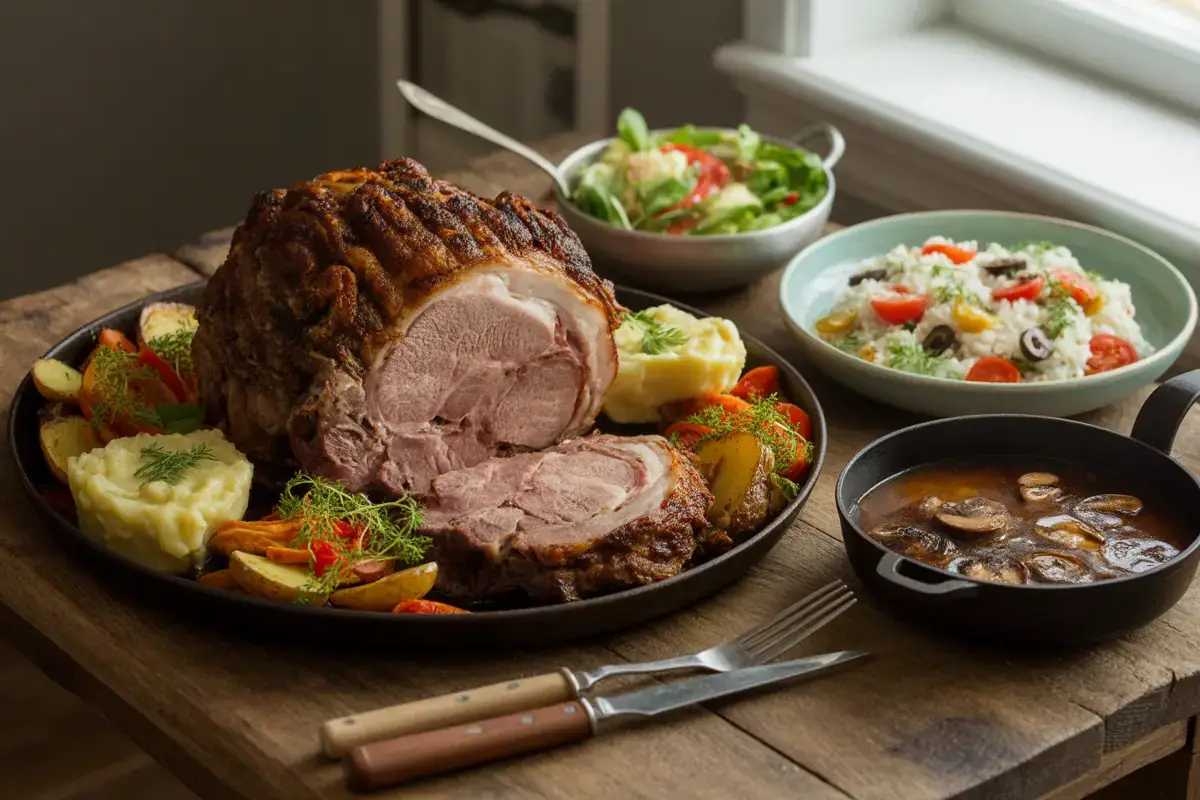 Plateau de viande rôtie accompagnée de purée, légumes, salade et riz, servi sur une table en bois.