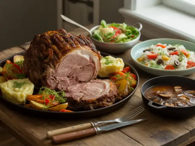 Plateau de viande rôtie accompagnée de purée, légumes, salade et riz, servi sur une table en bois.