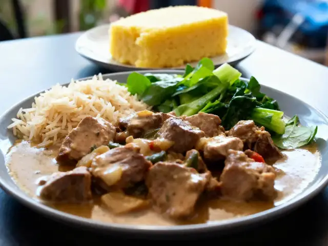 Assiette avec ragoût de viande, riz, légumes verts, et polenta en arrière-plan sur table.