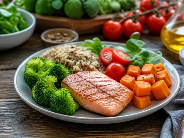 Assiette équilibrée avec saumon, légumes, quinoa pour aliments sains sur maviehealthy.com