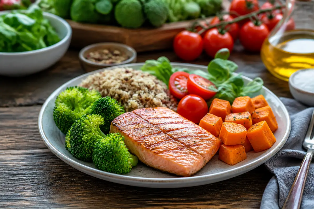 Assiette équilibrée avec saumon, légumes, quinoa pour aliments sains sur maviehealthy.com