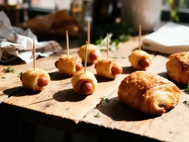 Petits pains farcis sur table en bois, éclairage naturel, décor verdoyant en arrière-plan. Croissants visibles.