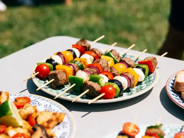 Assortiment coloré de brochettes variées pour un apéro brochette en plein air conviviale