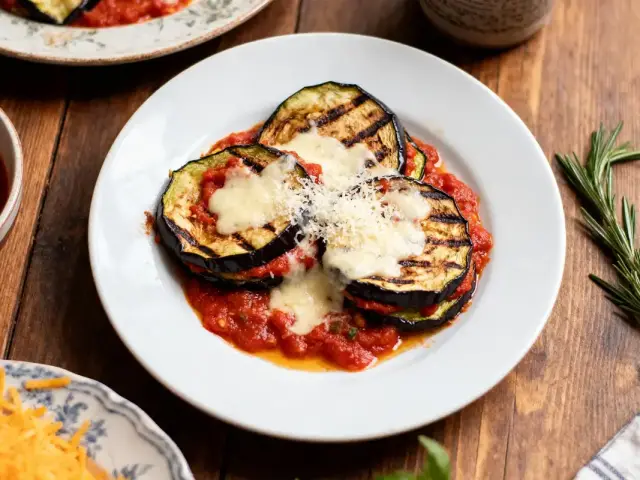 Assiette de gratin d'aubergines grillées, sauce tomate, fromage fondu, sur une table en bois.