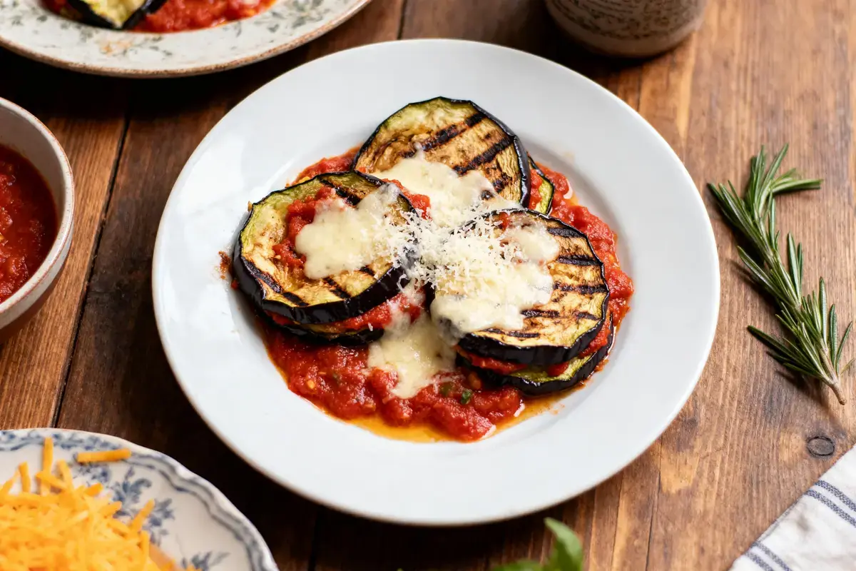 Assiette de gratin d'aubergines grillées, sauce tomate, fromage fondu, sur une table en bois.
