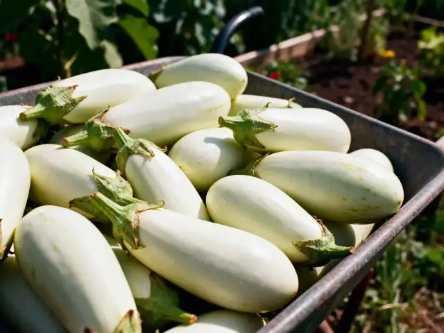 Aubergines blanches fraîches dans une brouette au jardin sous le soleil.
