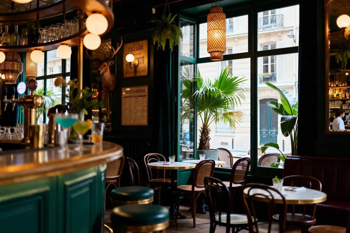 Intérieur d'un café parisien avec bar, tables, lumière douce, plantes, et décoration vintage.
