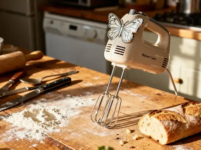 Un batteur à motif papillon sur table en bois, farine, ustensiles et baguette de pain.