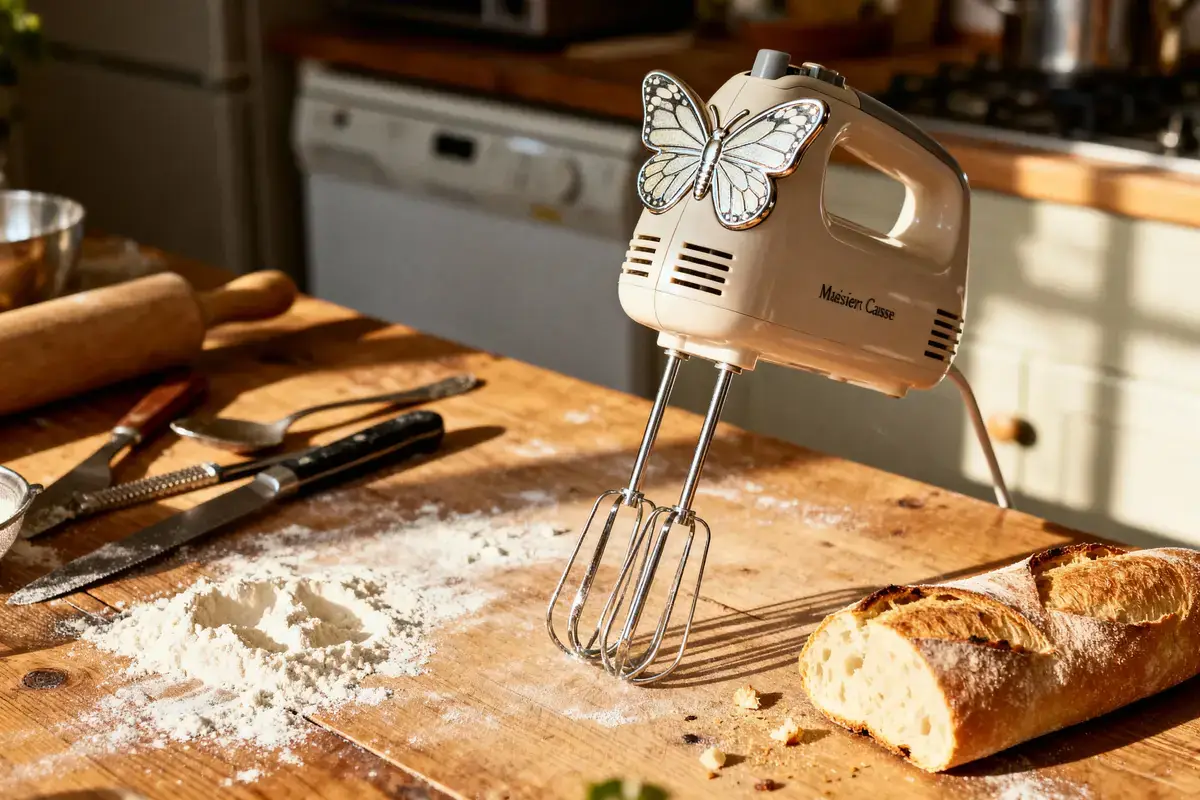 Un batteur à motif papillon sur table en bois, farine, ustensiles et baguette de pain.