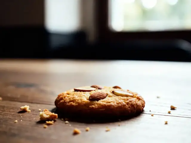 Biscuit aux amandes posé sur une table en bois avec quelques miettes autour.
