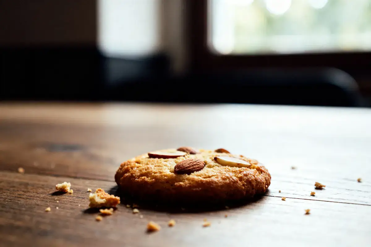 Biscuit aux amandes posé sur une table en bois avec quelques miettes autour.