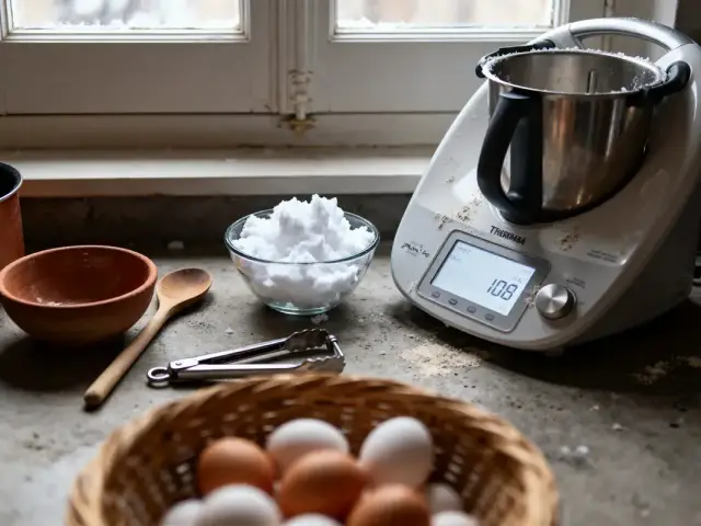 Thermomix, bol, saladier neige, œufs dans panier, cuillère bois, pinces sur table de cuisine.