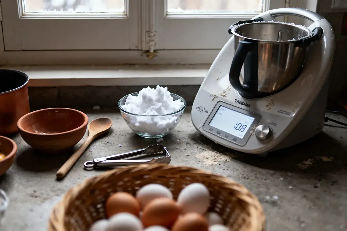 Thermomix, bol, saladier neige, œufs dans panier, cuillère bois, pinces sur table de cuisine.