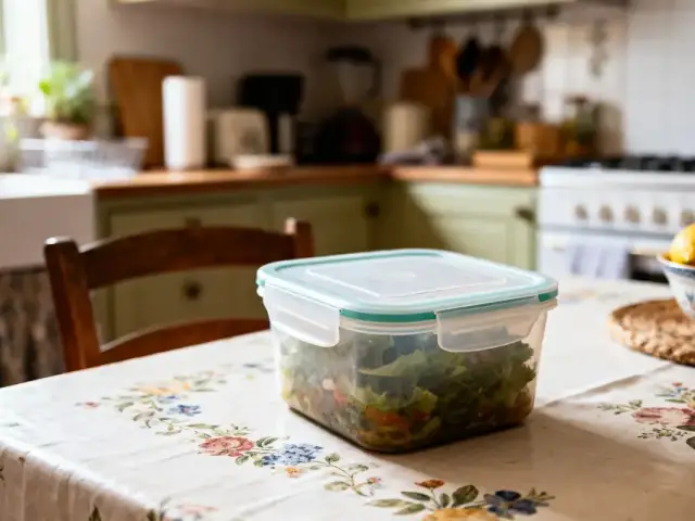 Boîte plastique de salade sur une table fleurie dans une cuisine rustique avec bol de fruits.