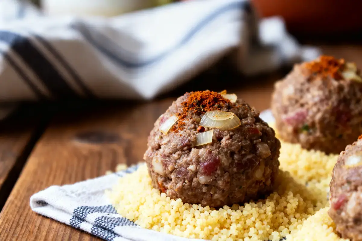 Boulettes pour couscous sur lit de semoule garnies d'oignons et paprika