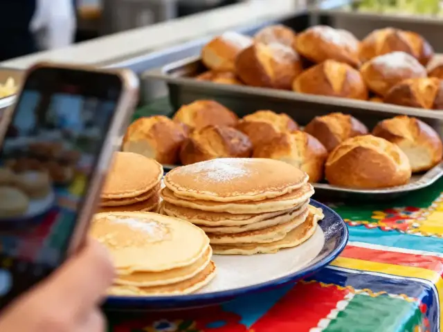 Assiette de pancakes poudrés de sucre, smartphone capturant l'image, en arrière-plan des petits pains dorés.