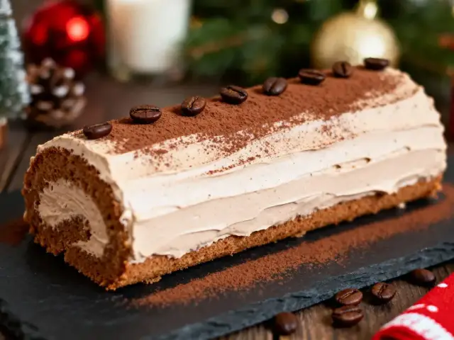 Bûche de Noël décorée de grains de café, posée sur un plateau noir, ambiance festive en arrière-plan.