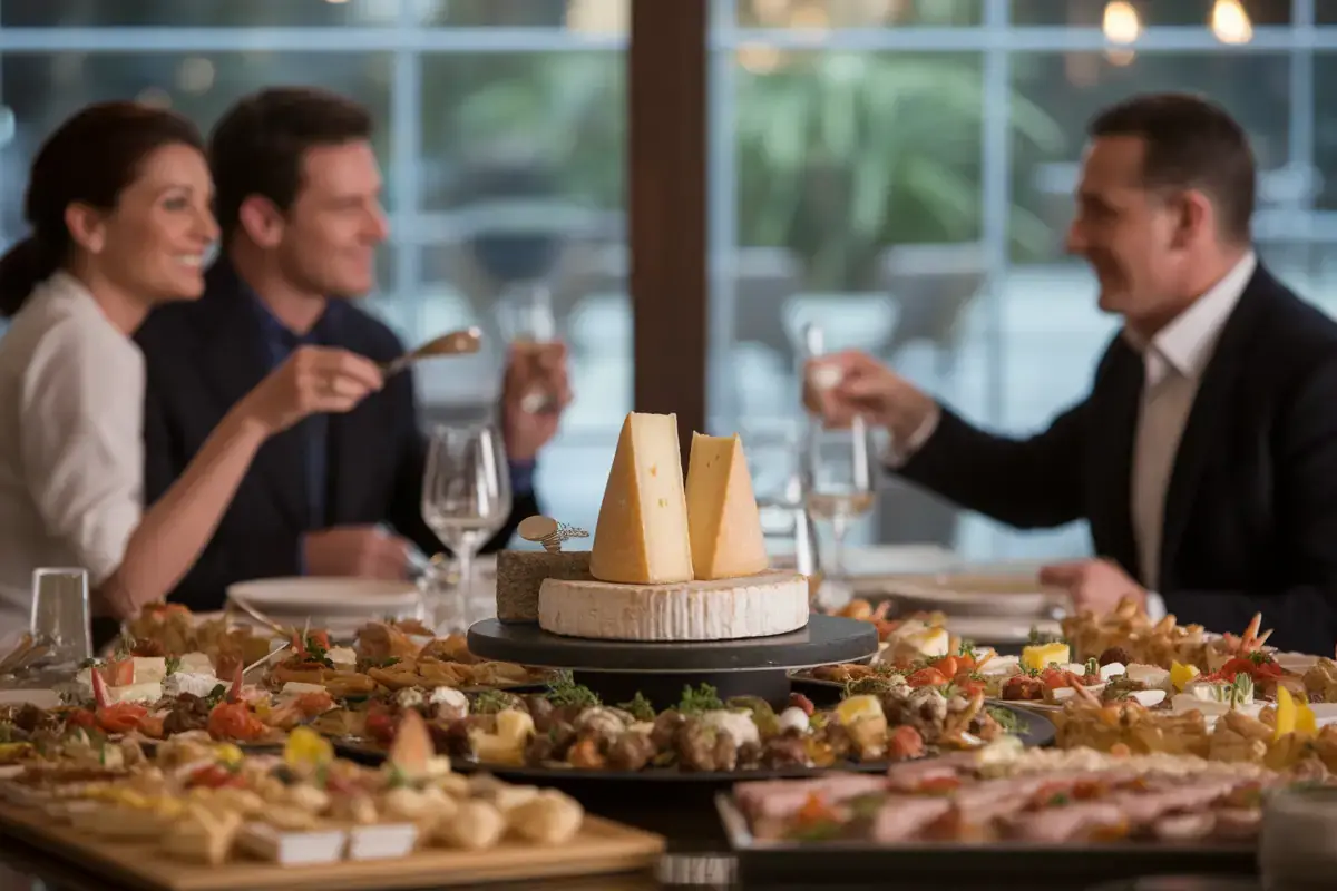 Convives attablés devant un buffet de bouchées, charcuteries et fromages