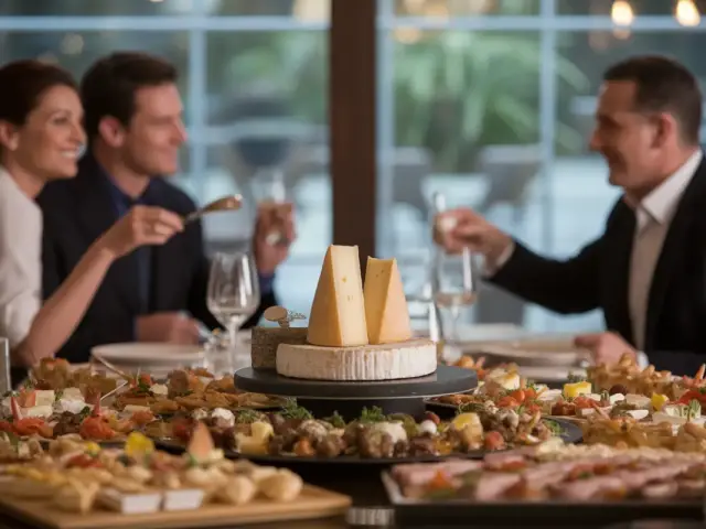 Convives attablés devant un buffet de bouchées, charcuteries et fromages