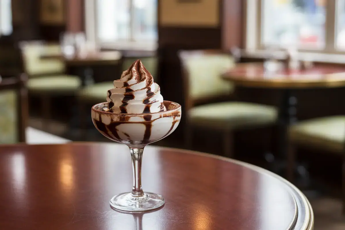 Un dessert glacé dans une coupe, garni de chantilly et de chocolat, sur une table en bois dans un café élégant.