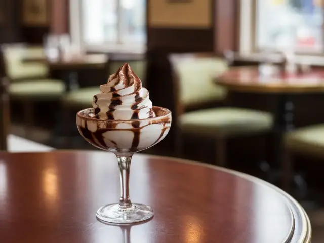 Un dessert glacé dans une coupe, garni de chantilly et de chocolat, sur une table en bois dans un café élégant.