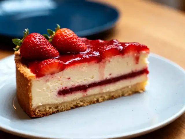 Part de fraisier avec fraises fraîches sur assiette, évoquant la calorie d'un fraisier délicieux