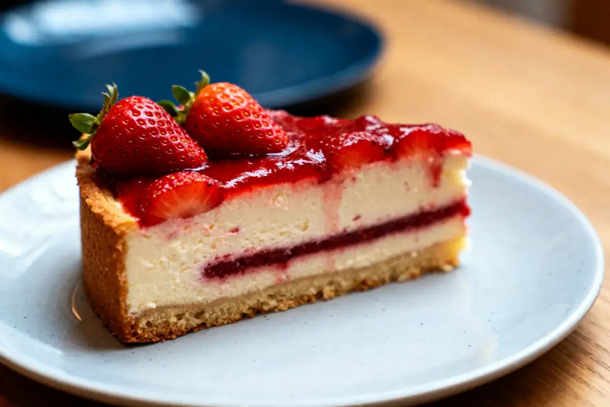 Part de fraisier avec fraises fraßches sur assiette, évoquant la calorie d'un fraisier délicieux