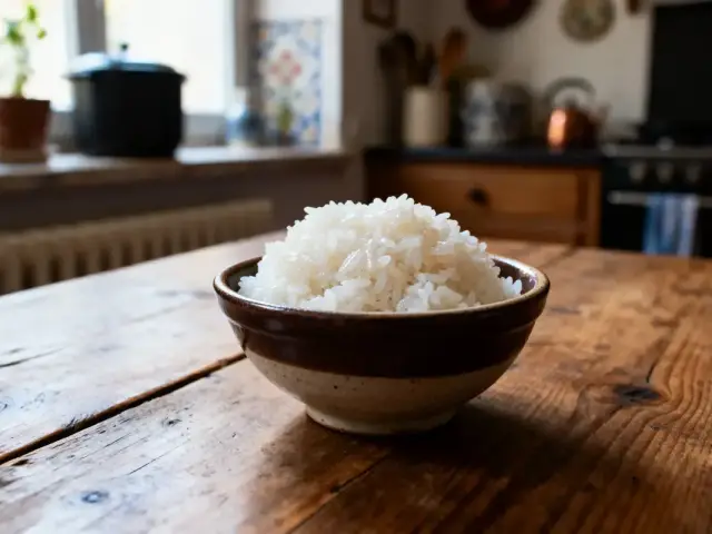 Bol de riz blanc sur une table en bois, cuisine en arrière-plan avec cuisinière et pot.