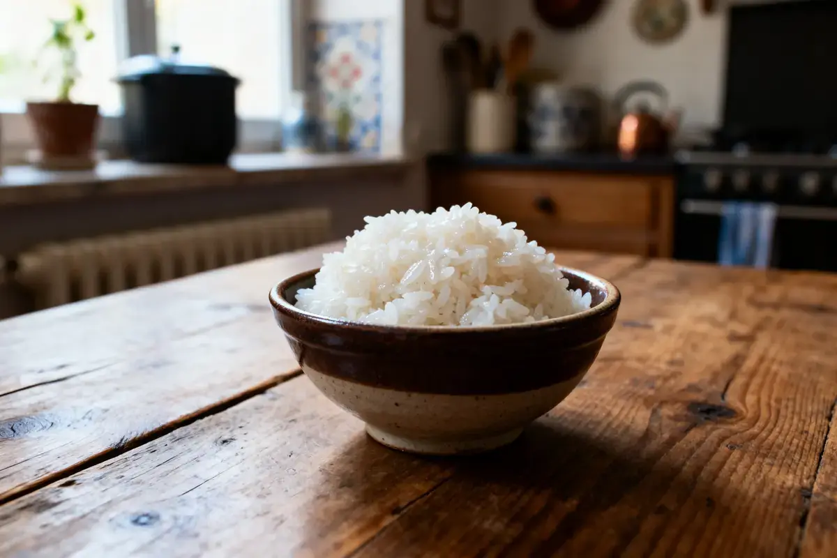 Bol de riz blanc sur une table en bois, cuisine en arriĂšre-plan avec cuisiniĂšre et pot.