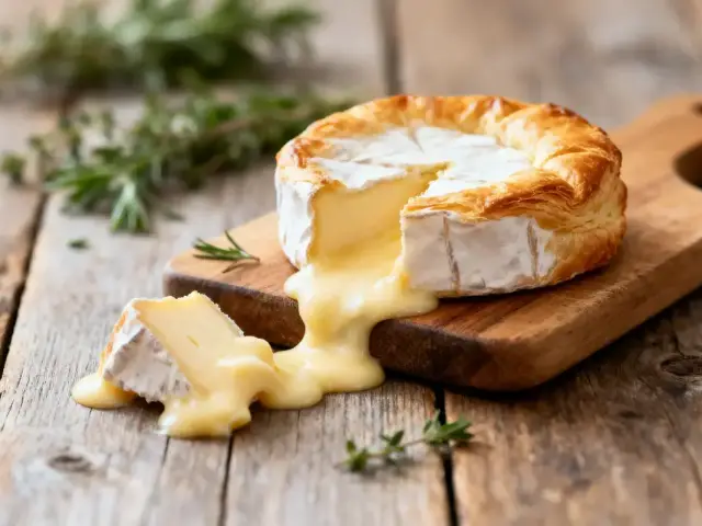 Fromage coulant sur planche en bois, herbes fraîches en arrière-plan.